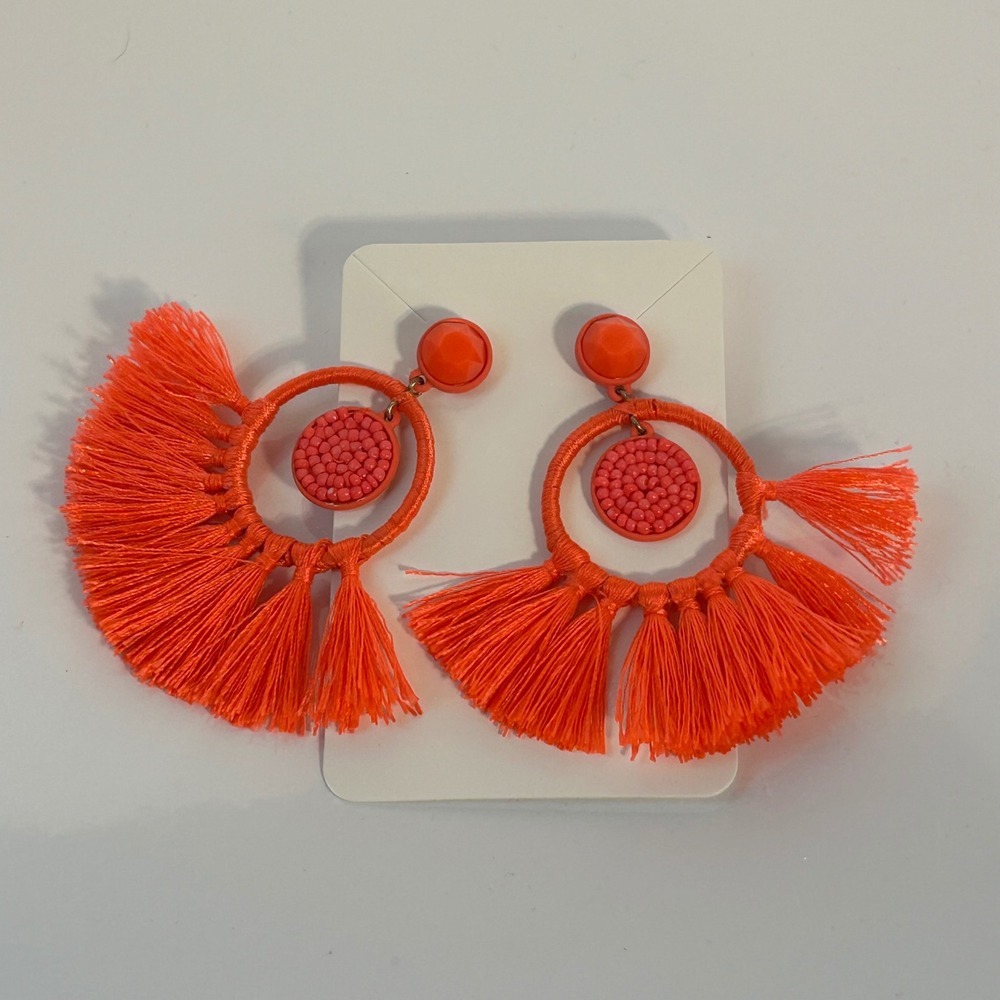 J. Crew Bright‎ Orange Tassel Hoop Earrings Boho Fiesta Statement Dangle
